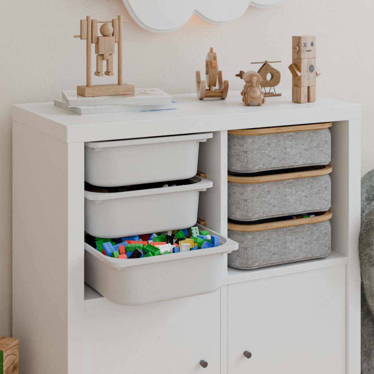 Einsatz für IKEA Kallax Regal, Schienen aus Holz, wahlweise mit passenden Boxen wie Trofast Box Kiste Clutter Cover