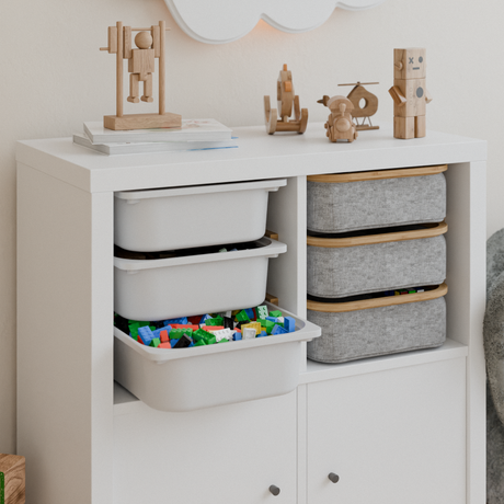 Einsatz für IKEA Kallax Regal, Schienen aus Holz, wahlweise mit passenden Boxen wie Trofast Box Kiste Clutter Cover