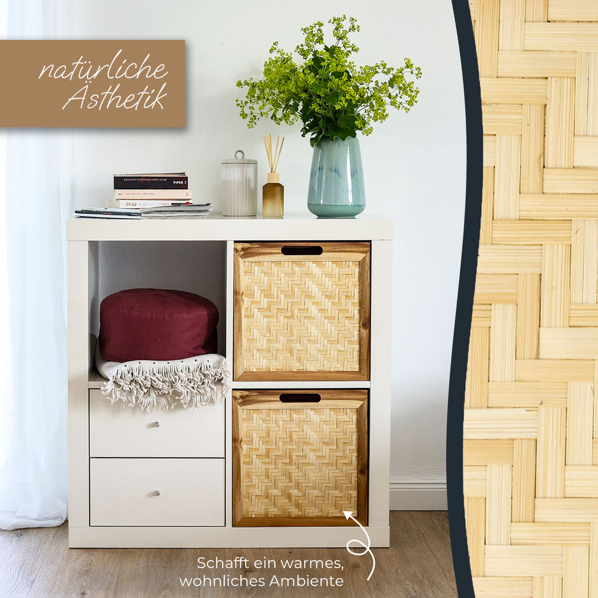 Kallax Rattan Korb mit Wiener Geflecht und Holzrahmen, 32 x 34 x 32cm Kallax Einsatz Clutter Cover