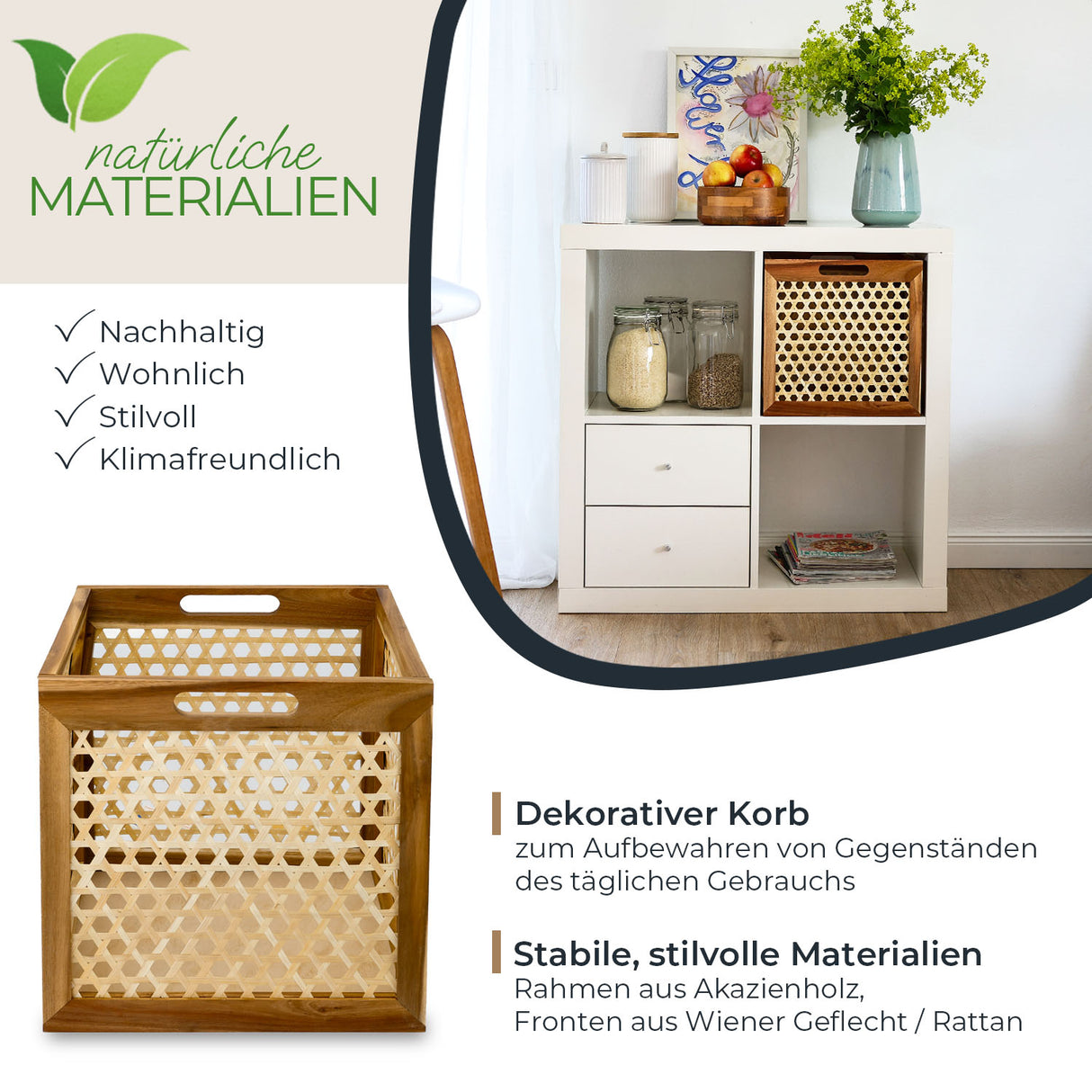 Kallax Rattan Korb mit Wiener Geflecht und Holzrahmen, 32 x 34 x 32cm Kallax Einsatz Clutter Cover
