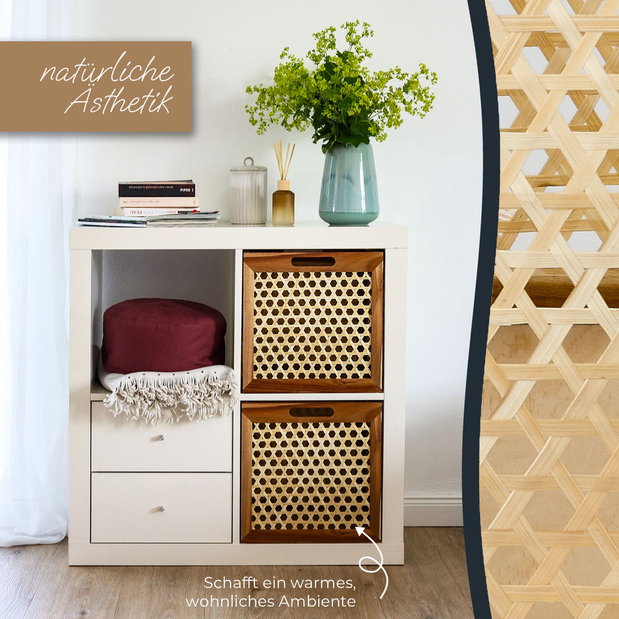 Kallax Rattan Korb mit Wiener Geflecht und Holzrahmen, 32 x 34 x 32cm Kallax Einsatz Clutter Cover