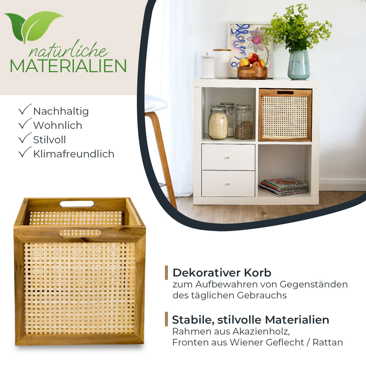Kallax Rattan Korb mit Wiener Geflecht und Holzrahmen, 32 x 34 x 32cm Kallax Einsatz Clutter Cover