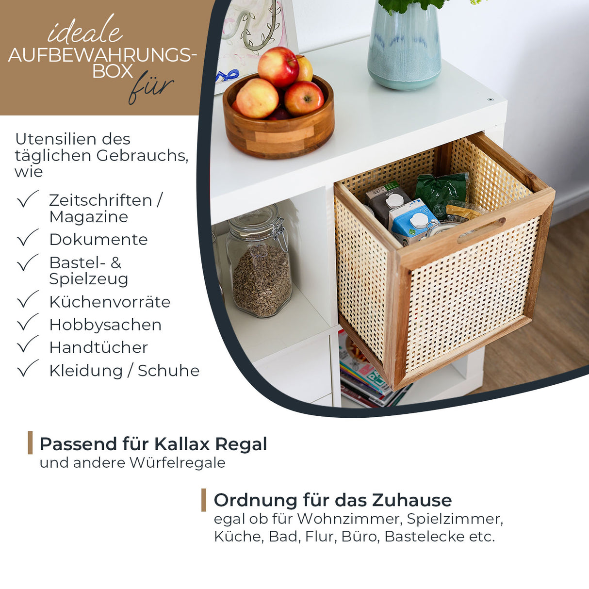Kallax Rattan Korb mit Wiener Geflecht und Holzrahmen, 32 x 34 x 32cm Kallax Einsatz Clutter Cover