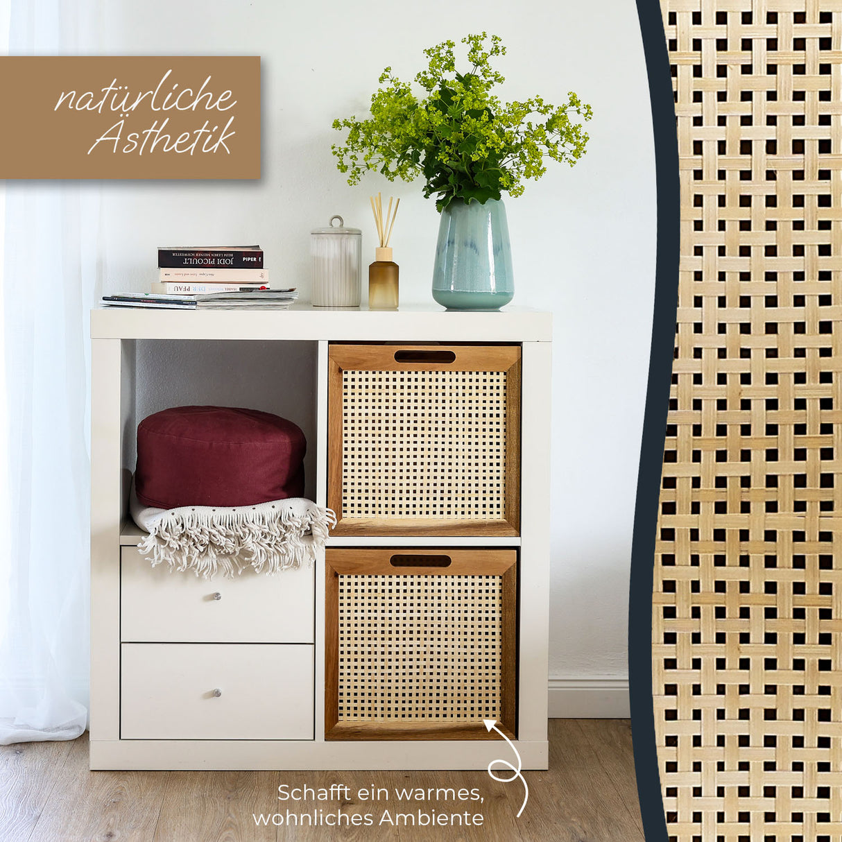 Kallax Rattan Korb mit Wiener Geflecht und Holzrahmen, 32 x 34 x 32cm Kallax Einsatz Clutter Cover