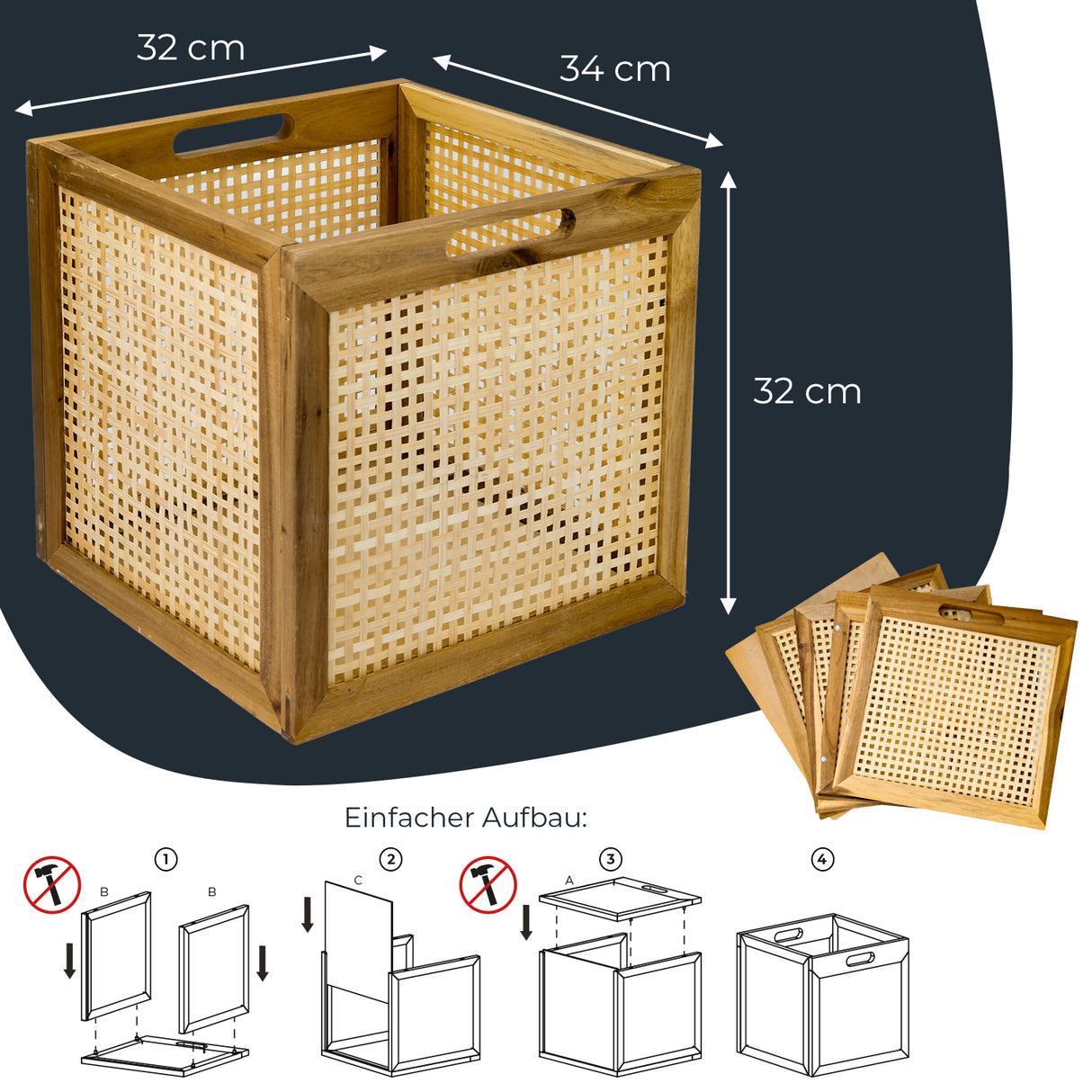 Kallax Rattan Korb mit Wiener Geflecht und Holzrahmen, 32 x 34 x 32cm Kallax Einsatz Clutter Cover