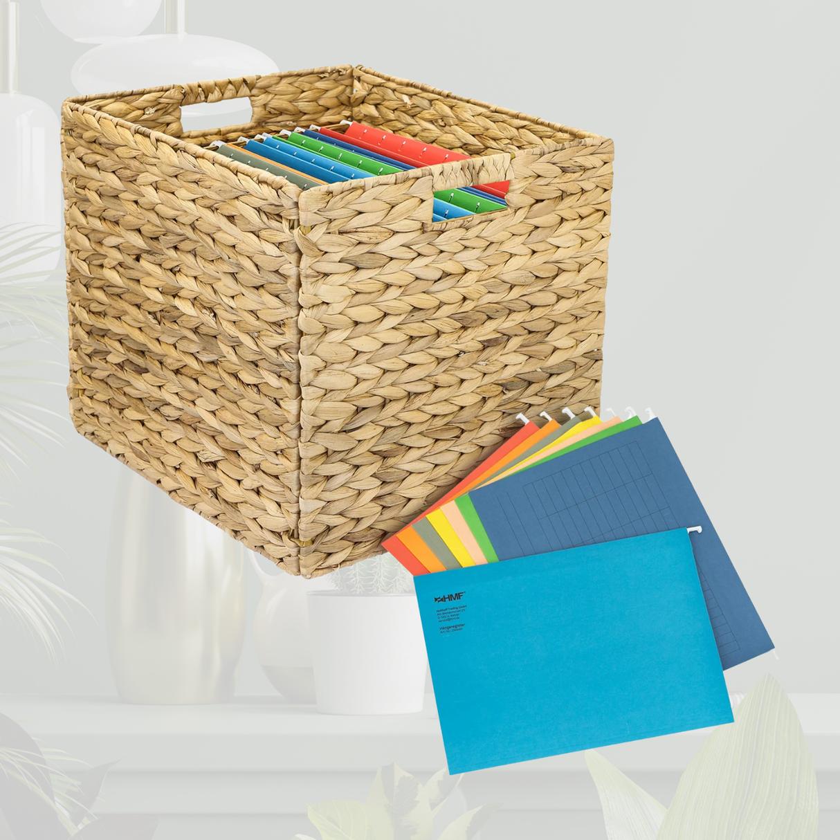 Kallax Korb aus Wasserhyazinthe für Hängeregister DIN A4, Flechtkorb für Hängemappen, 33 x 38 x 32cm Mit Hängeregister Box Kiste Korb Clutter Cover