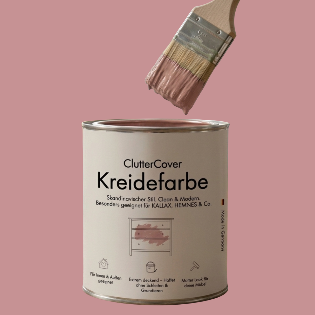 Möbelfarbe ohne Schleifen, 750ml Kreidefarbe ideal für IKEA Möbel, Kreidelack in Weiß, Beige, Rosa, Blau & Grün, für ca. 6m² Altrosa Möbelfarbe Clutter Cover