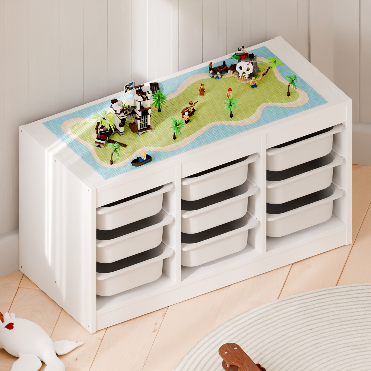 Bauplatte "Lillvik" für IKEA Trofast Regal Weiß & Kiefer, kompatibel mit LEGO® Steinen, XXL Spieltisch Grundplatte zum Aufkleben Trofast Grundplatte für Klemmbausteine Clutter Cover