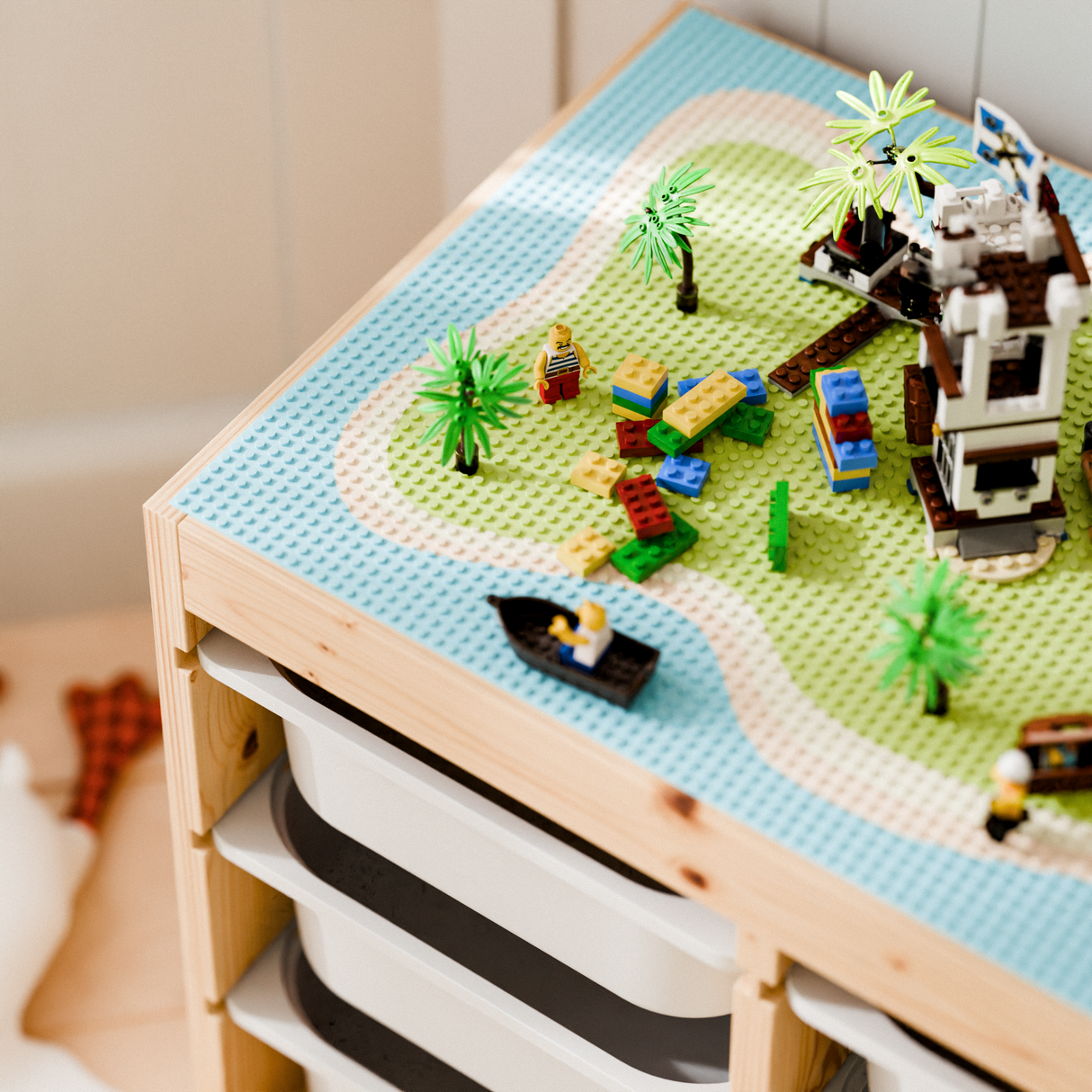 Bauplatte "Lillvik" für IKEA Trofast Regal Weiß & Kiefer, kompatibel mit LEGO® Steinen, XXL Spieltisch Grundplatte zum Aufkleben Trofast Grundplatte für Klemmbausteine Clutter Cover