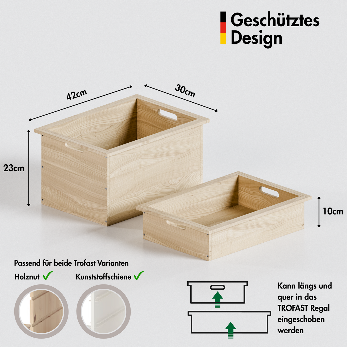 Holzkiste "TROVÄ" 42 x 30cm, Box aus Holz für IKEA Trofast Regal, verschiedene Höhen Trofast Box Clutter Cover