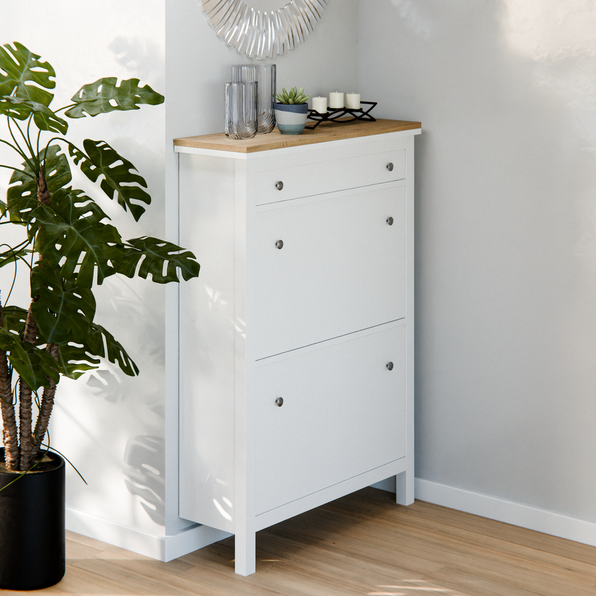 Holzplatte für IKEA Hemnes Schuhschrank 89,0 x 30,3cm, für Variante mit 2 Fächern und 1 Schublade, Eiche – Deckplatte für Schuhregal Holzplatte Clutter Cover