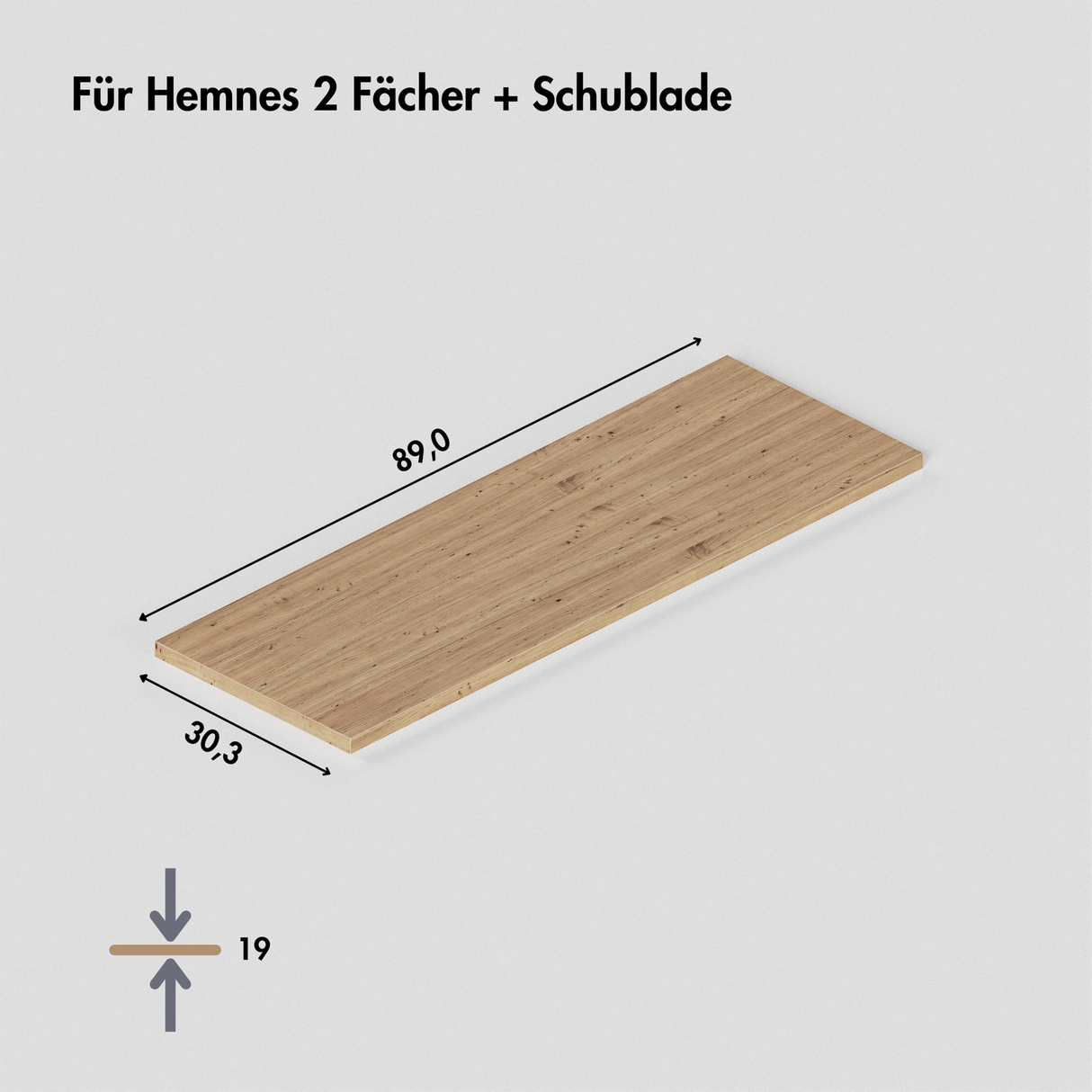 Holzplatte für IKEA Hemnes Schuhschrank 89,0 x 30,3cm, für Variante mit 2 Fächern und 1 Schublade, Eiche – Deckplatte für Schuhregal Holzplatte Clutter Cover