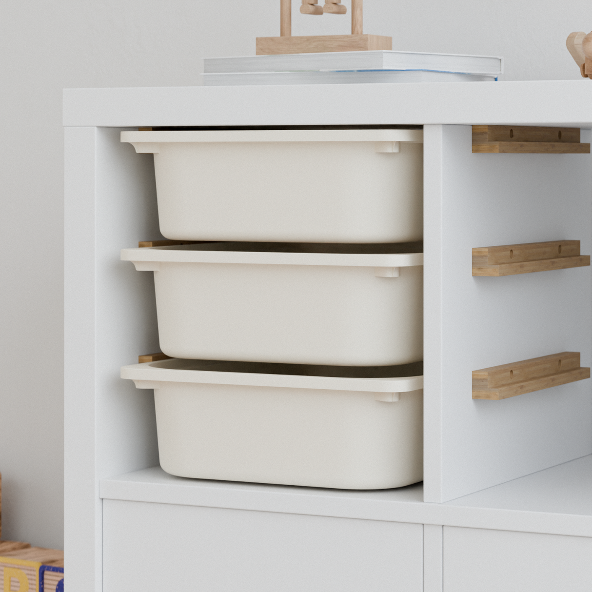 Einsatz für IKEA Kallax Regal, Schienen aus Holz, wahlweise mit passenden Boxen wie Trofast Box Kiste Clutter Cover