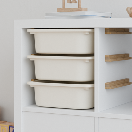 Einsatz für IKEA Kallax Regal, Schienen aus Holz, wahlweise mit passenden Boxen wie Trofast Mit 3x Box Weiß Box Kiste Clutter Cover