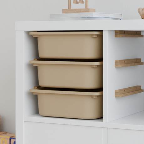 Einsatz für IKEA Kallax Regal, Schienen aus Holz, wahlweise mit passenden Boxen wie Trofast Mit 3x Box Beige Box Kiste Clutter Cover