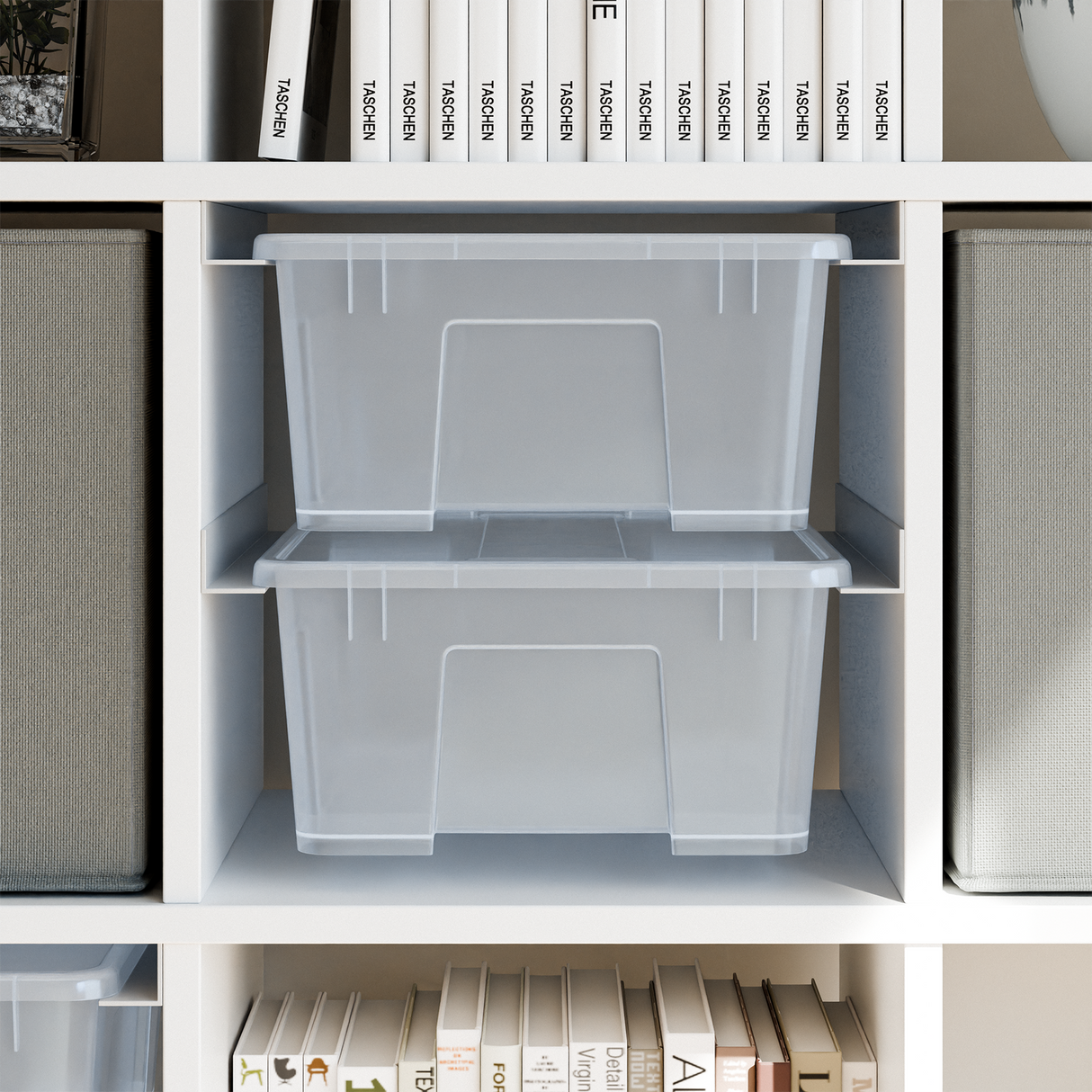 IKEA Kallax Einsatz für Samla Boxen, Schienensystem für transparente Kisten Clutter Cover