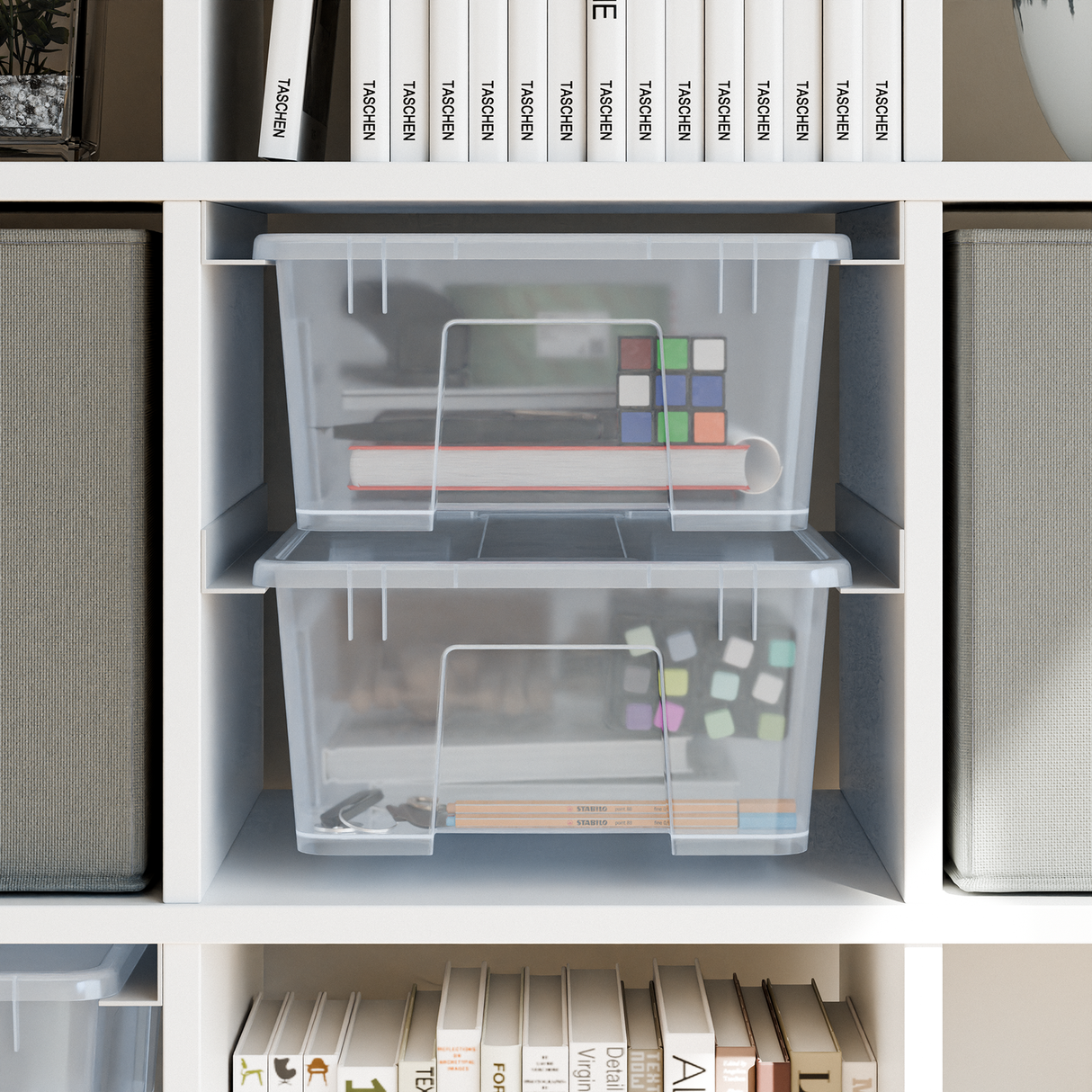 IKEA Kallax Einsatz für Samla Boxen, Schienensystem für transparente Kisten Clutter Cover