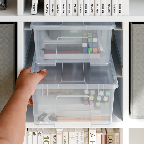 IKEA Kallax Einsatz für Samla Boxen, Schienensystem für transparente Kisten Clutter Cover