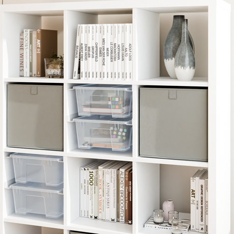 IKEA Kallax Einsatz für Samla Boxen, Schienensystem für transparente Kisten Clutter Cover