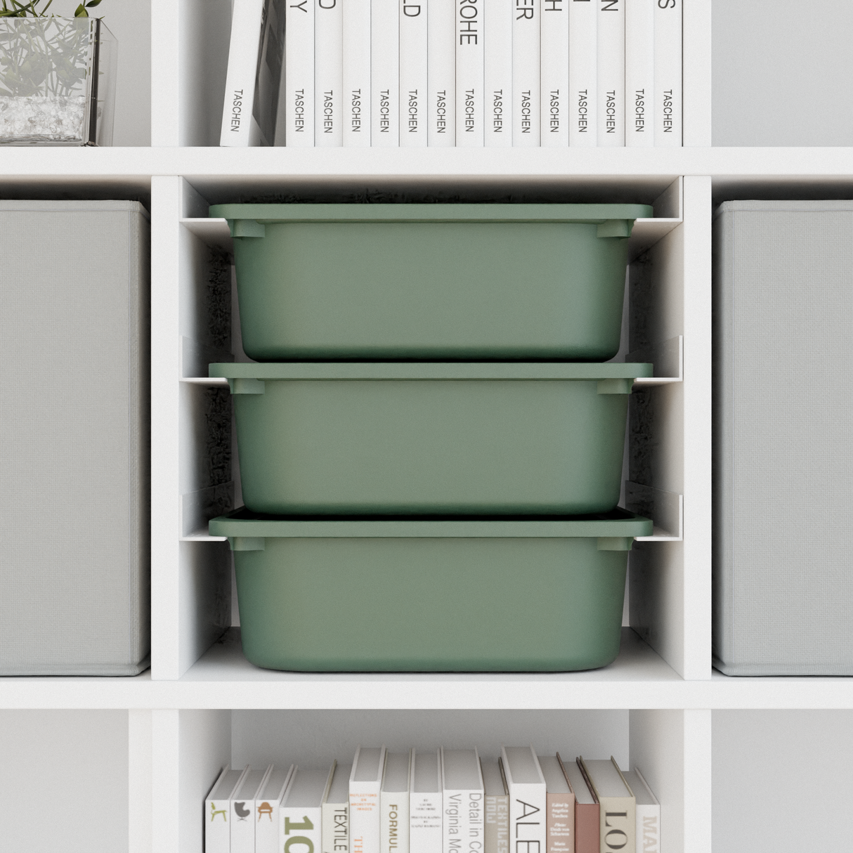 Ikea Kallax Halterung für Trofast Boxen Schienensystem mit passenden Kisten Mit 3x Box (grün) Kallax Einsatz Clutter Cover