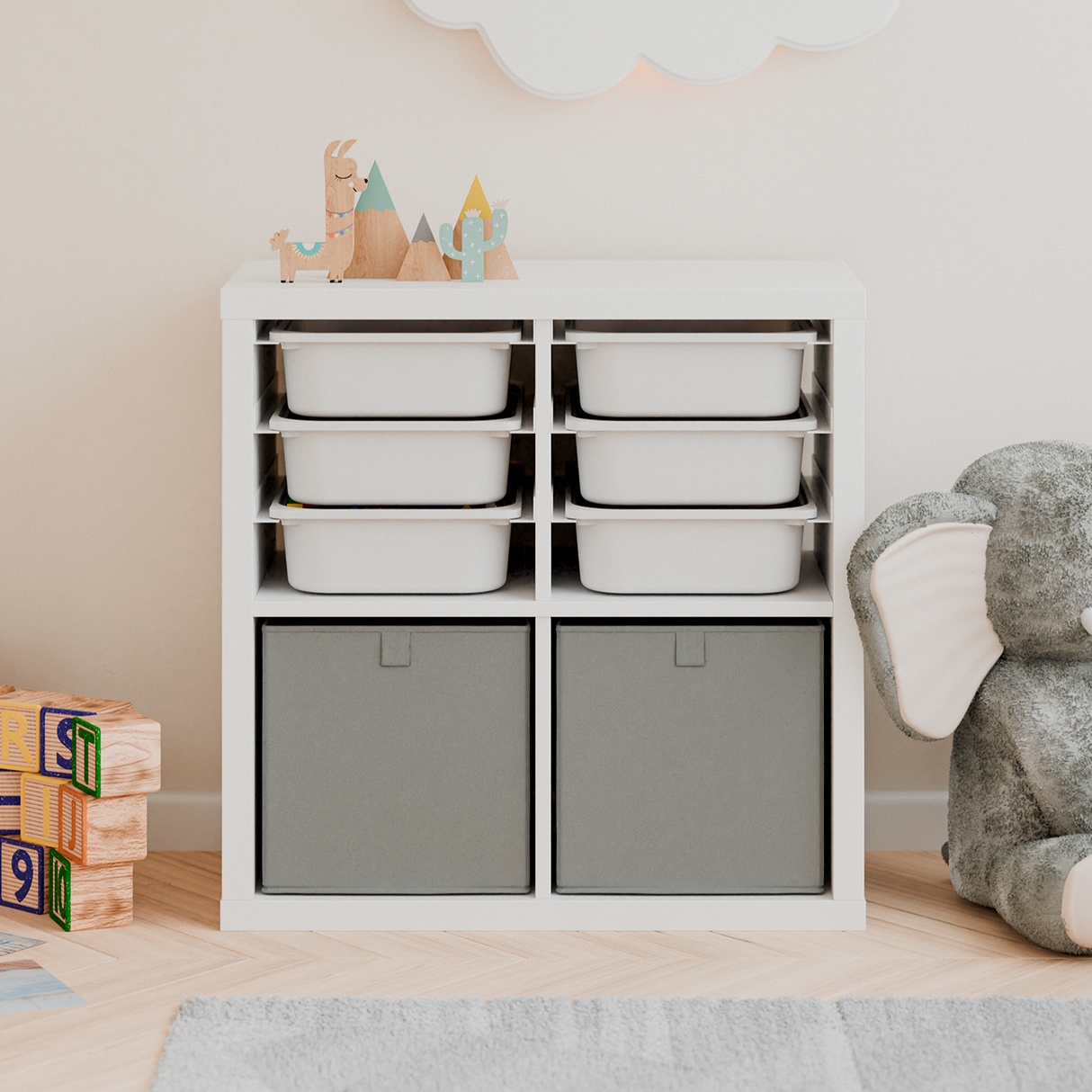 Ikea Kallax Halterung für Trofast Boxen Schienensystem mit passenden Kisten Kallax Einsatz Clutter Cover