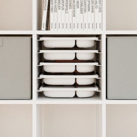 Ikea Kallax Halterung für Trofast Boxen, Schienensystem mit passenden Sortierkästen Mit 5x Kiste (weiß) Kallax Einsatz Clutter Cover