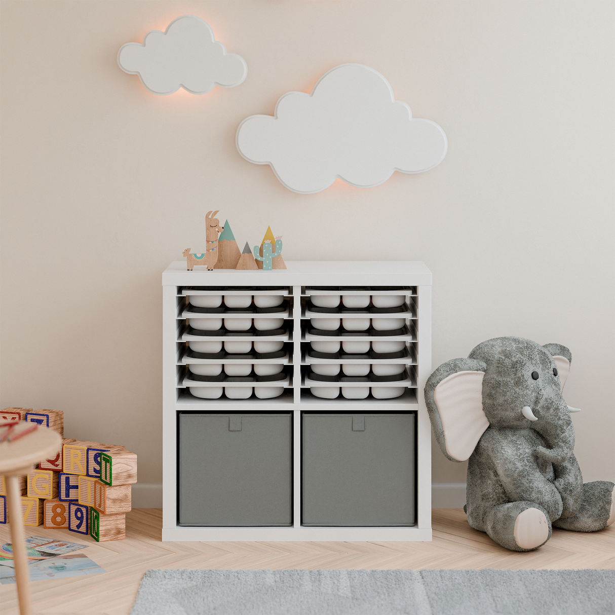 Ikea Kallax Halterung für Trofast Boxen, Schienensystem mit passenden Sortierkästen Kallax Einsatz Clutter Cover