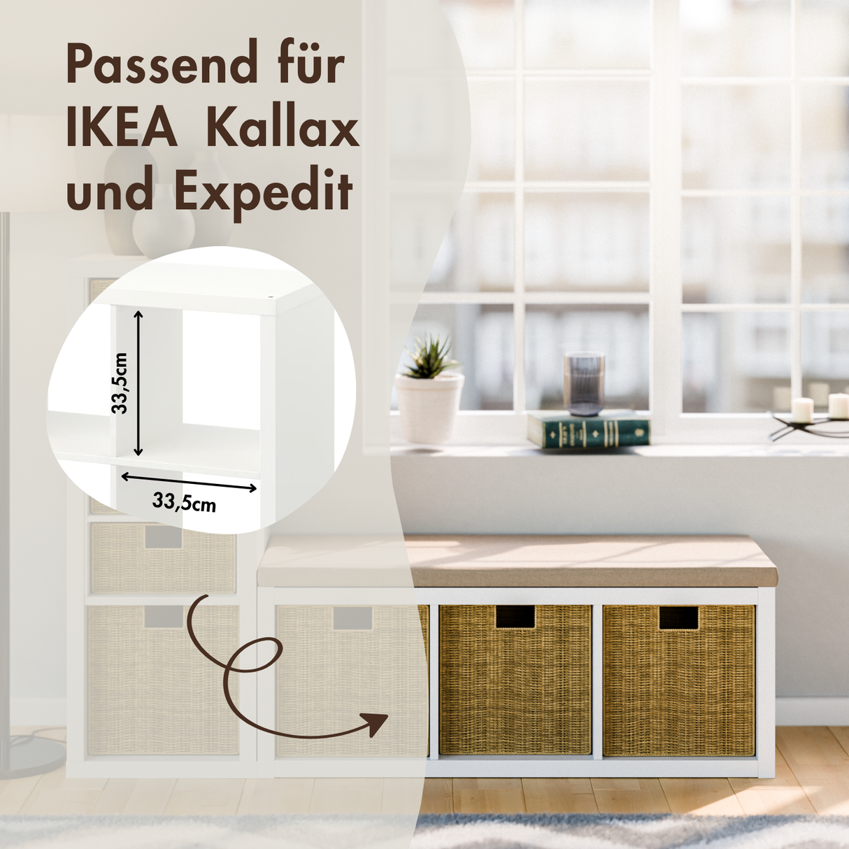 Korb für Kallax Regal aus Seegras 32 x 34,5 x 32cm, Flechtkorb Kallax Einsatz Clutter Cover