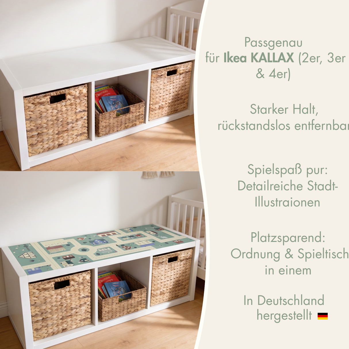 Klebefolie für IKEA Kallax 3er Regal, PVC freie Spielfolie 104 x 39cm, Straßen Spielfläche, Kinderzimmer Spielwelt für Jungen und Mädchen