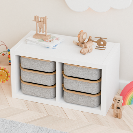 Einsatz für IKEA Kallax Regal, Schienen aus Holz, wahlweise mit passenden Boxen wie Trofast Box Kiste Clutter Cover