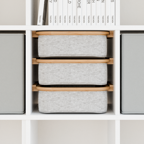 Einsatz für IKEA Kallax Regal, Schienen aus Holz, wahlweise mit passenden Boxen wie Trofast Mit 3x Stoffbox Grau Box Kiste Clutter Cover