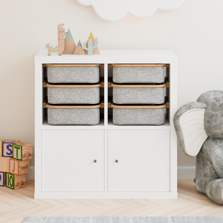 Einsatz für IKEA Kallax Regal, Schienen aus Holz, wahlweise mit passenden Boxen wie Trofast Box Kiste Clutter Cover