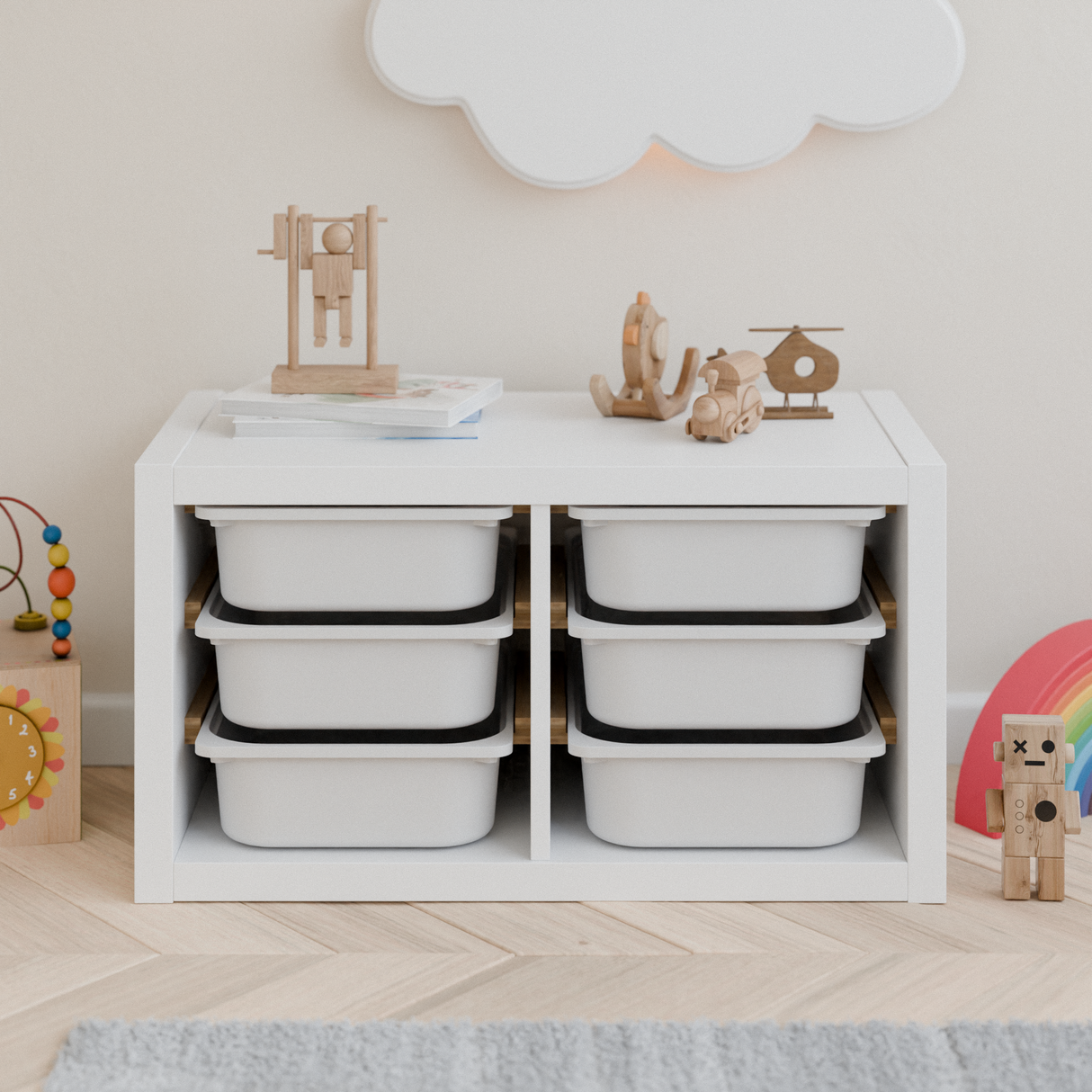 Einsatz für IKEA Kallax Regal, Schienen aus Holz, wahlweise mit passenden Boxen wie Trofast Box Kiste Clutter Cover