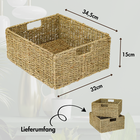2er Set Korb aus Seegras 30 x 34 x 15cm für halbes Kallax Fach, Flechtkorb Kallax Einsatz Clutter Cover
