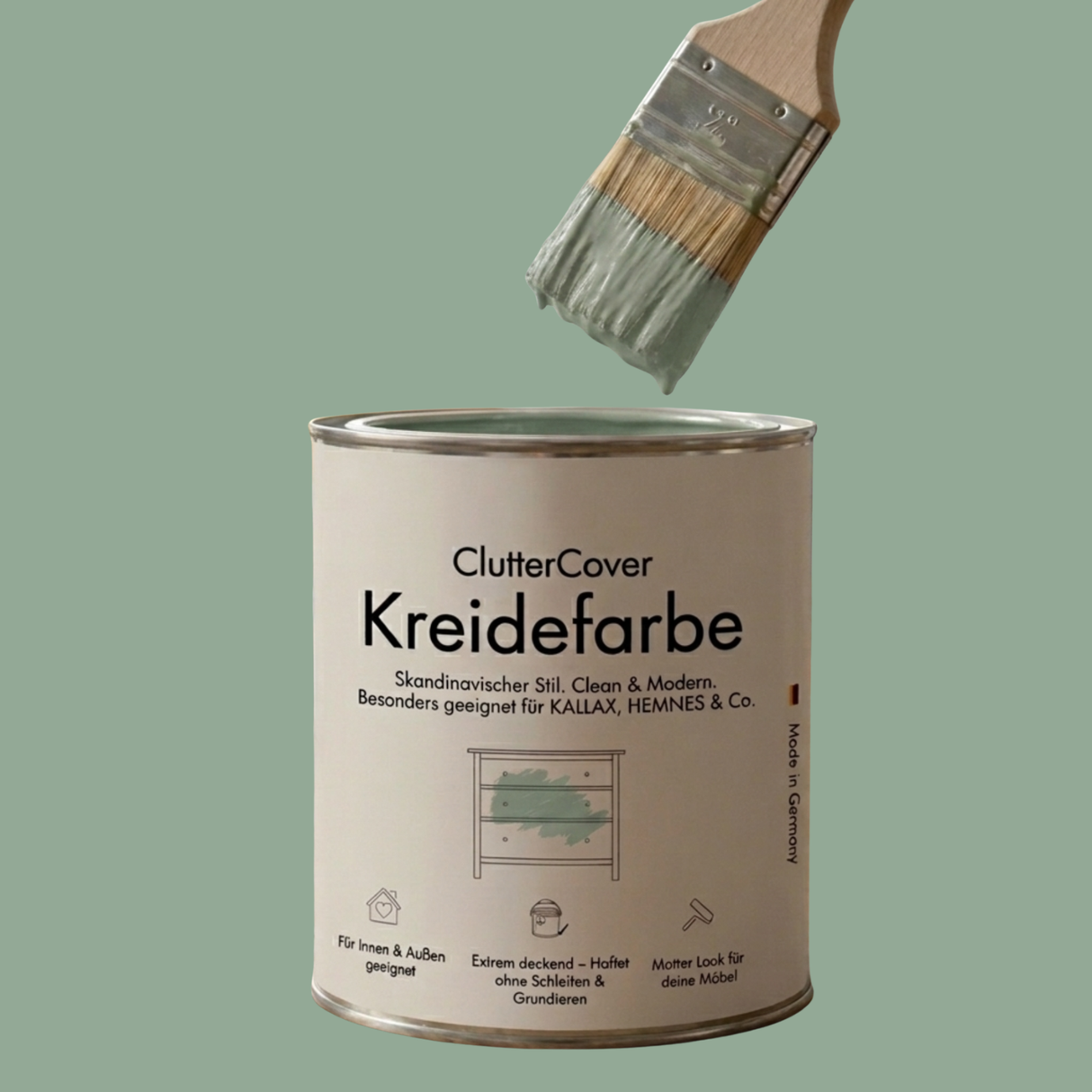 Möbelfarbe ohne Schleifen, 750ml Kreidefarbe ideal für IKEA Möbel, Kreidelack in Weiß, Beige, Rosa, Blau & Grün, für ca. 6m² Salbei Möbelfarbe Clutter Cover