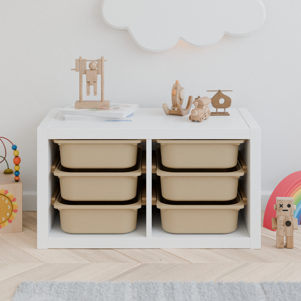 Einsatz für IKEA Kallax Regal, Schienen aus Holz, wahlweise mit passenden Boxen wie Trofast Box Kiste Clutter Cover