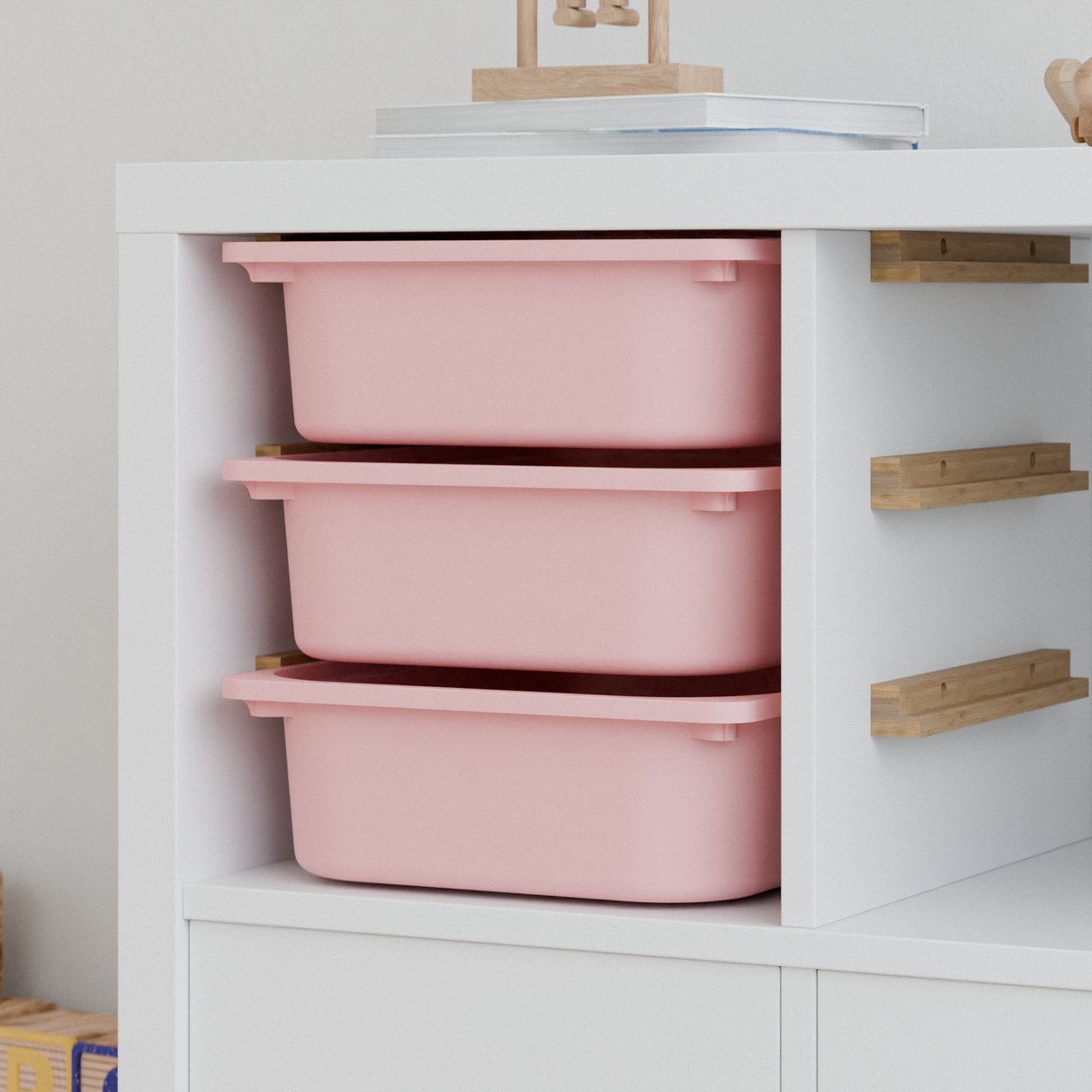 Einsatz für IKEA Kallax Regal, Schienen aus Holz, wahlweise mit passenden Boxen wie Trofast Mit 3x Box Rosa Box Kiste Clutter Cover