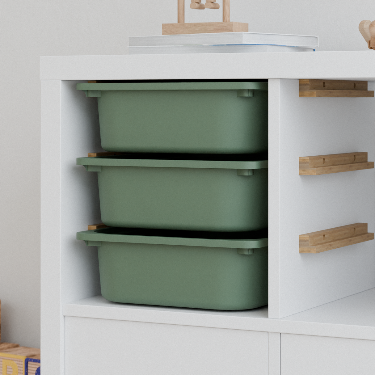 Einsatz für IKEA Kallax Regal, Schienen aus Holz, wahlweise mit passenden Boxen wie Trofast Mit 3x Box Grün Box Kiste Clutter Cover