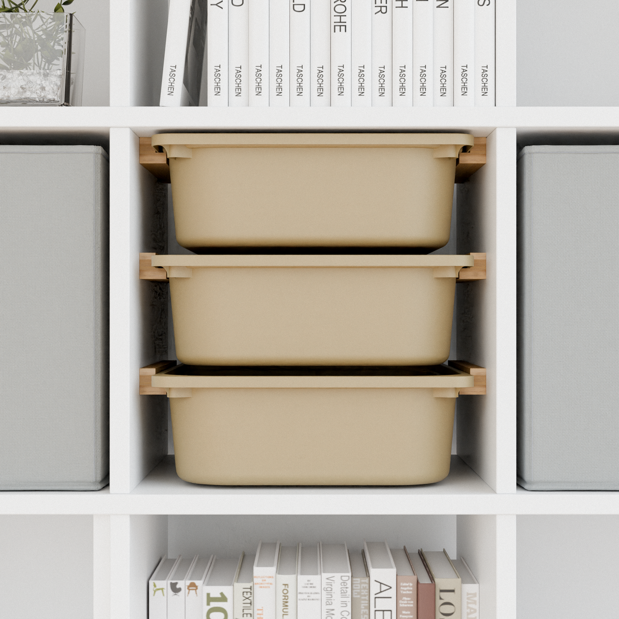 Einsatz für IKEA Kallax Regal, Schienen aus Holz, wahlweise mit passenden Boxen wie Trofast Box Kiste Clutter Cover