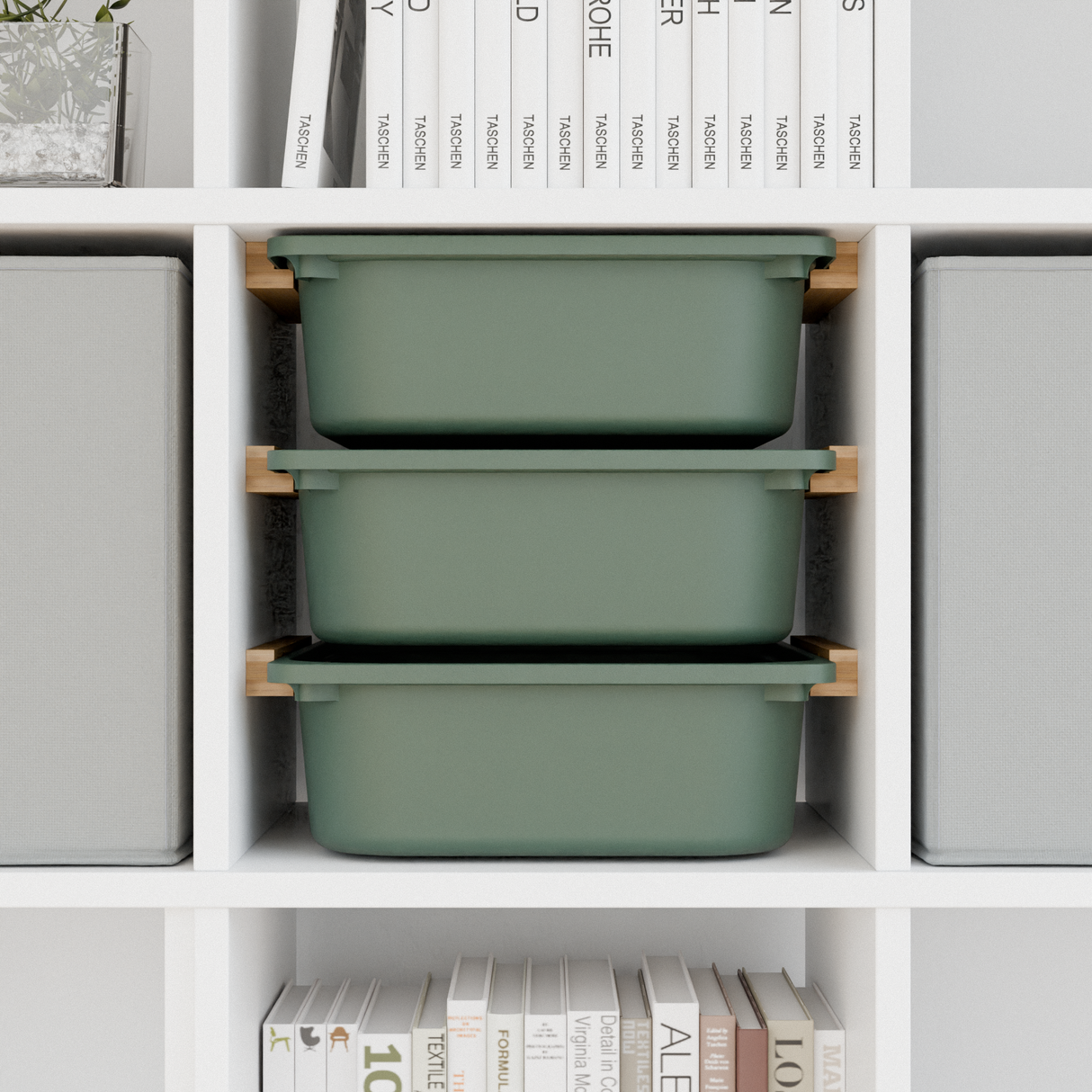 Einsatz für IKEA Kallax Regal, Schienen aus Holz, wahlweise mit passenden Boxen wie Trofast Box Kiste Clutter Cover