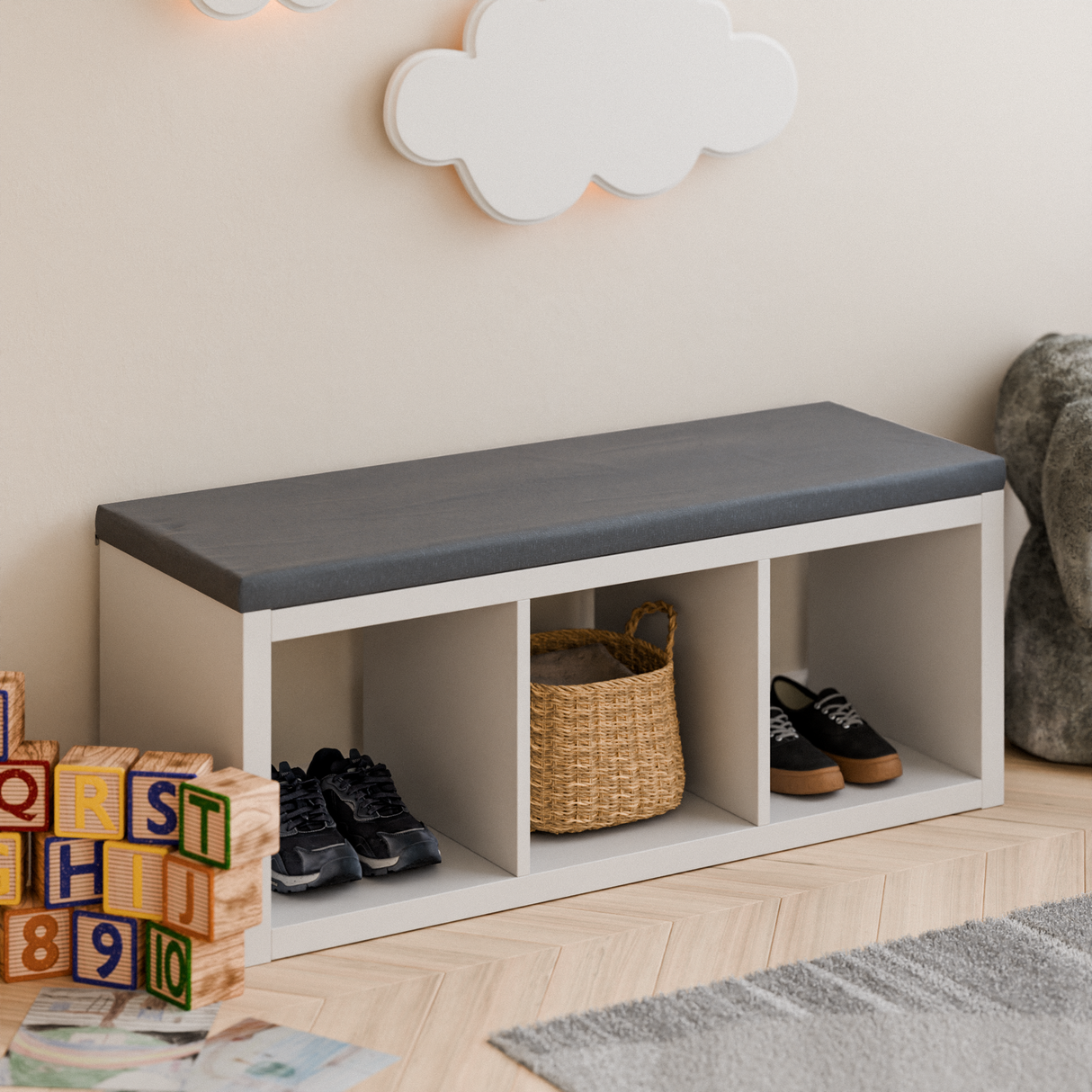 Sitzauflage für Ikea Kallax Regal, Grau, mit abnehmbarem Bezug - für 2er, 3er oder 4er Kallax 3er (111 x 39cm) Sitzauflage Clutter Cover