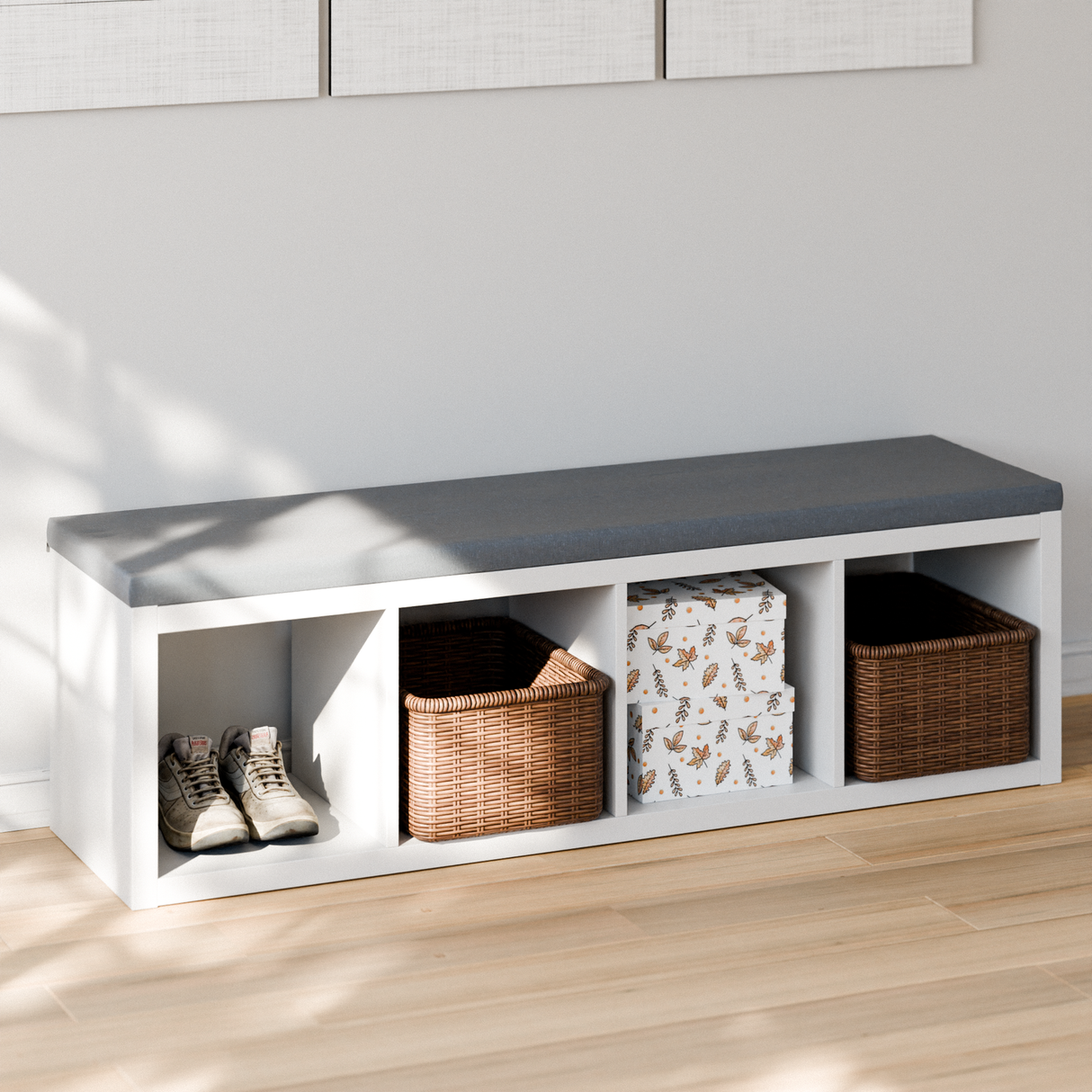 Sitzauflage für Ikea Kallax Regal, Grau, mit abnehmbarem Bezug - für 2er, 3er oder 4er Kallax 4er (146 x 39cm) Sitzauflage Clutter Cover