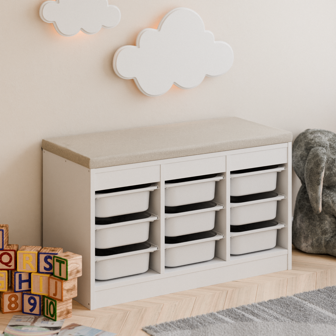 Sitzauflage für Ikea Trofast Regal in Grau oder Beige mit abnehmbarem Bezug Beige Sitzpolster Clutter Cover