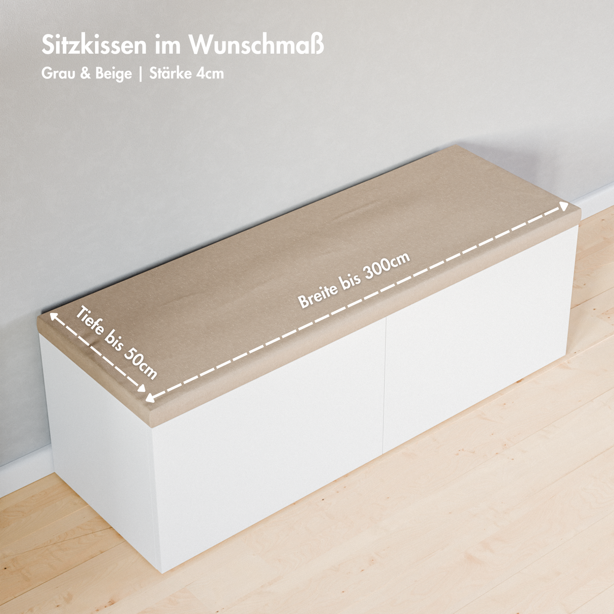 Sitzkissen nach Maß, 4cm starke Sitzauflage in Beige oder Grau, Länge bis 300cm, Breite bis 50cm Sitzauflage Clutter Cover