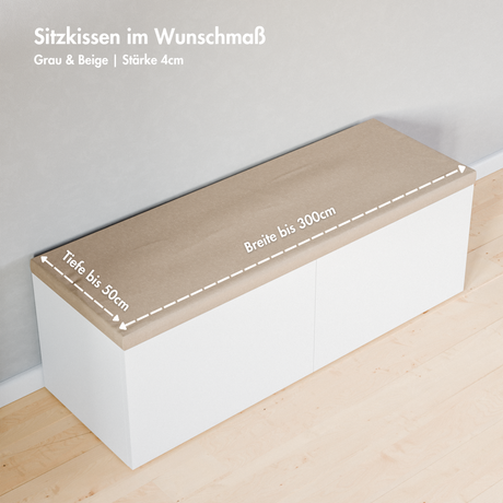 Sitzkissen nach Maß, 4cm starke Sitzauflage in Beige oder Grau, Länge bis 300cm, Breite bis 50cm Sitzauflage Clutter Cover