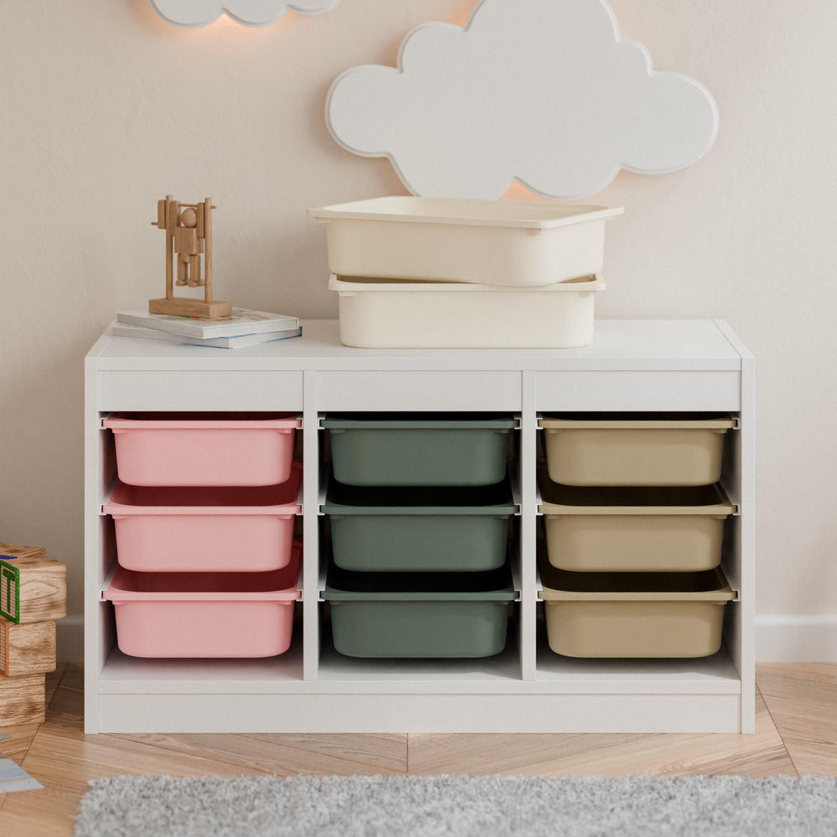 Box "TRÖVI" für IKEA Trofast Regale - 42 x 30 x 10cm in Weiß, Beige, Rosa und Eukalyptus Box Kiste Clutter Cover