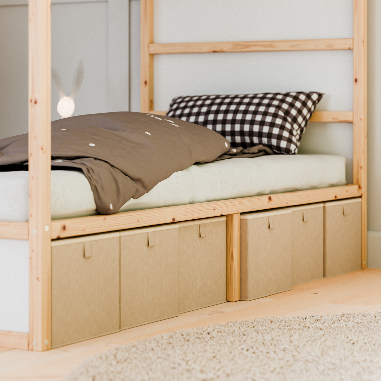 Box für IKEA Kura Bett, Unterbettkommode aus Cord Stoff, 90 x 32 x 27cm - Beige, Grün oder Rosa Beige 6er Set + Mittelstütze Box Kiste Korb Clutter Cover