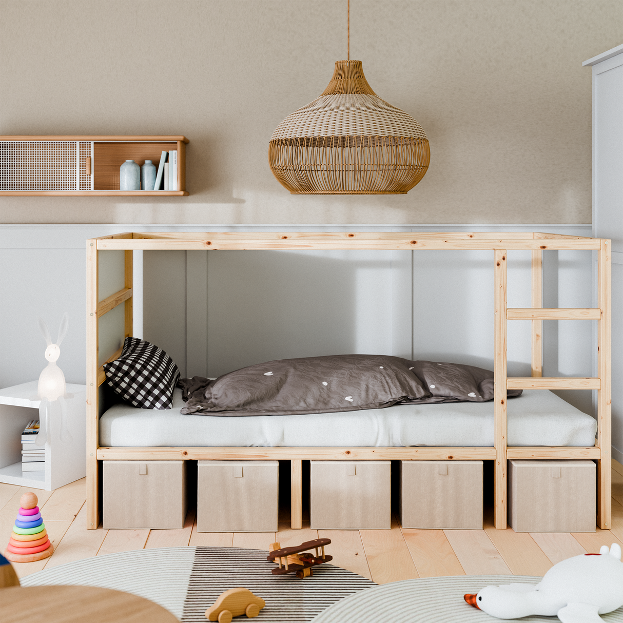 Box für IKEA Kura Bett, Unterbettkommode aus Cord Stoff, 90 x 32 x 27cm - Beige, Grün oder Rosa Beige 5er Set + Mittelstütze Box Kiste Korb Clutter Cover