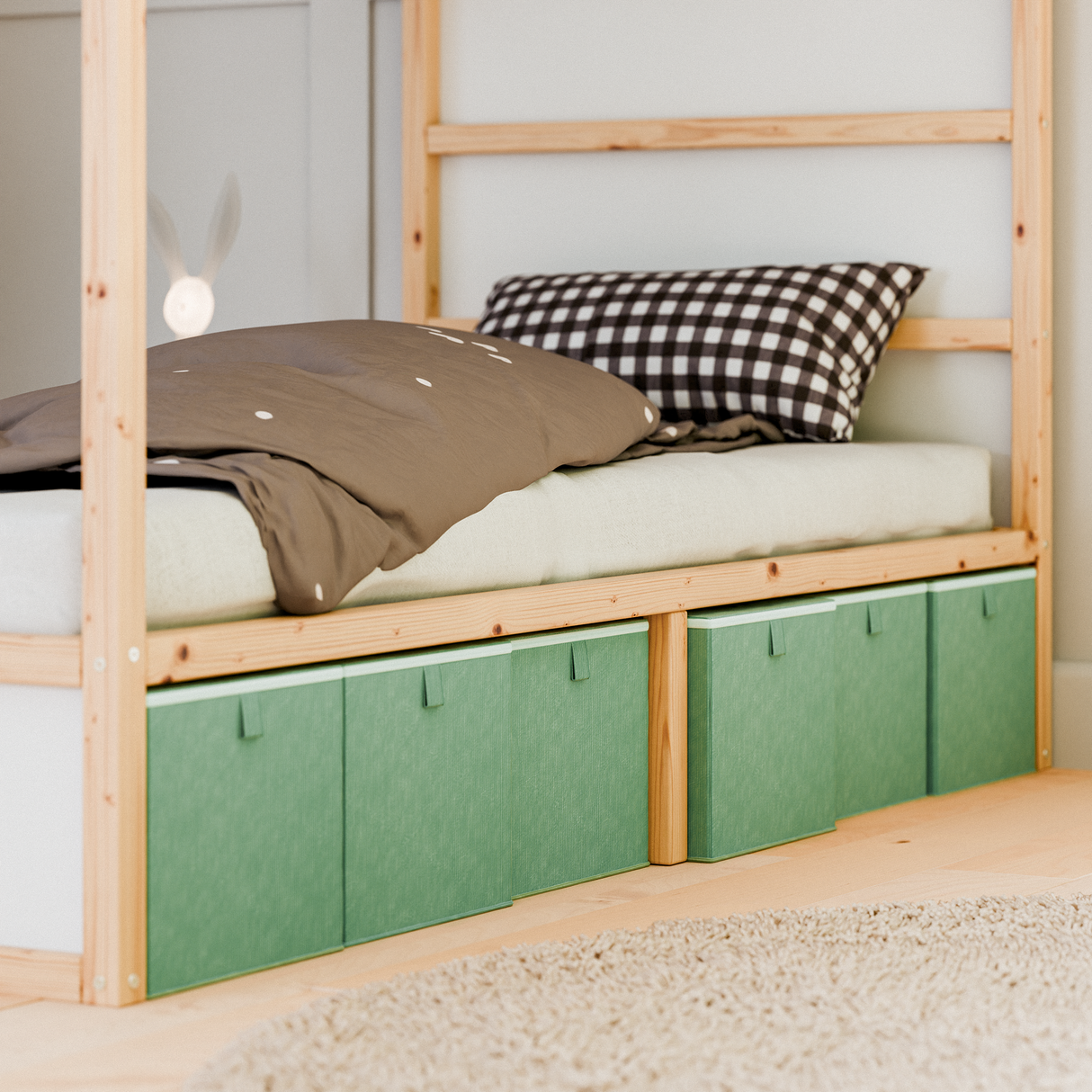 Box für IKEA Kura Bett, Unterbettkommode aus Cord Stoff, 90 x 32 x 27cm - Beige, Grün oder Rosa Grün 6er Set + Mittelstütze Box Kiste Korb Clutter Cover