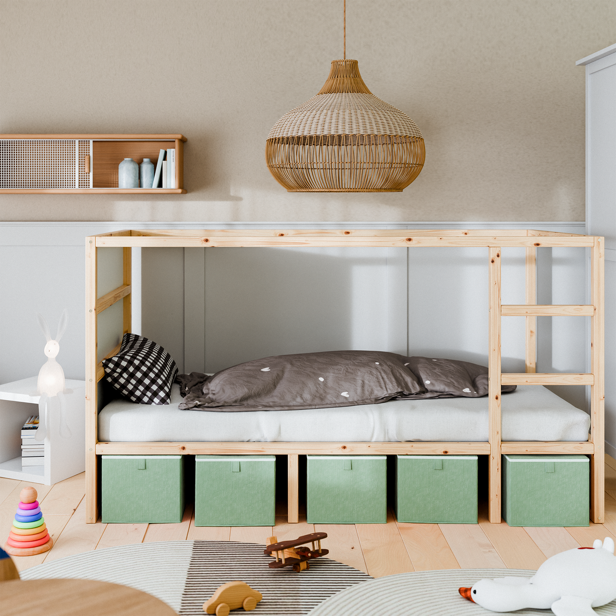 Box für IKEA Kura Bett, Unterbettkommode aus Cord Stoff, 90 x 32 x 27cm - Beige, Grün oder Rosa Grün 5er Set + Mittelstütze Box Kiste Korb Clutter Cover